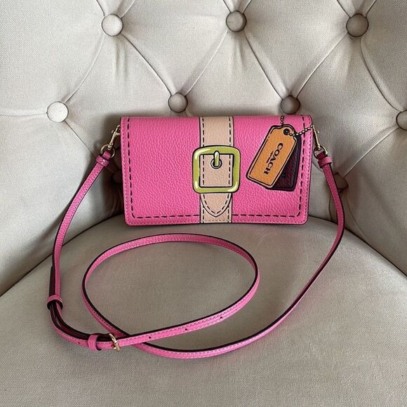 Coach Anna pink leather Foldover Clutch‎ Crossbody with Trompe L'oeil Print - Picture 5 of 7
